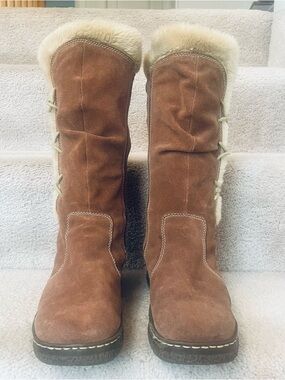 Bear Traps Wendie Women's Brown Suede Knee Boots with Cream Fur Trim Cozy Cabin